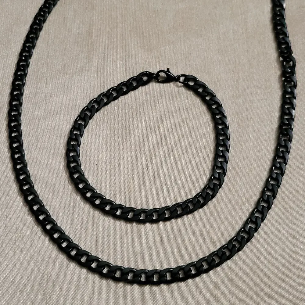 Men's black chunky cuban chain necklace and bracelet set